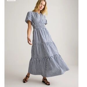 Quince 100% Organic Cotton Poplin Tiered Maxi Dress in Hudson Stripe NWT